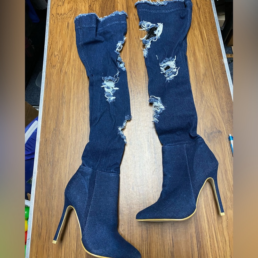 Distressed Denim Thigh High Boots